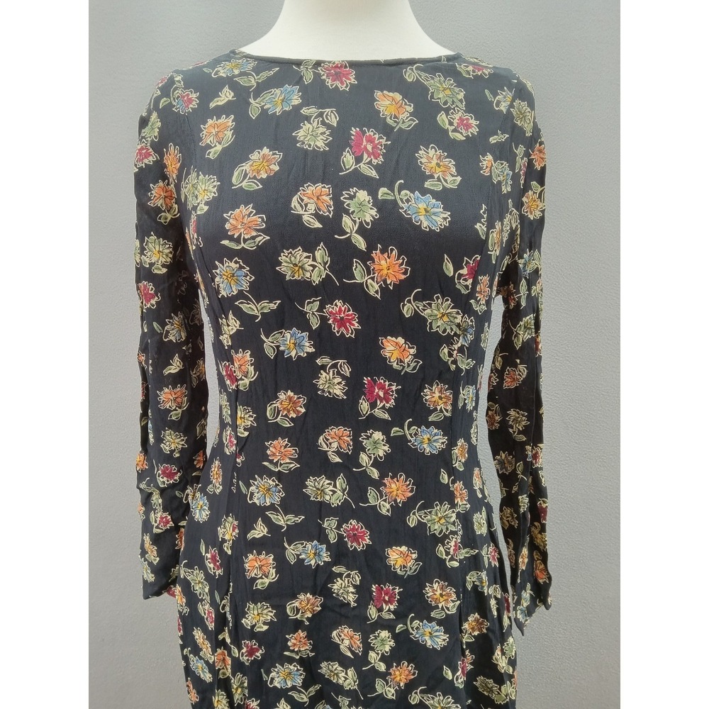 Adini Maxi Dress Womens Sz P Black Floral Cottagecore Rayon Long Sleeve Casual‎ - Picture 4 of 12